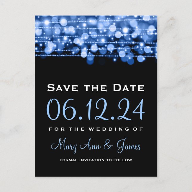Elegant Save The Date Party Sparkles Blue Announcement Postcard (Front)