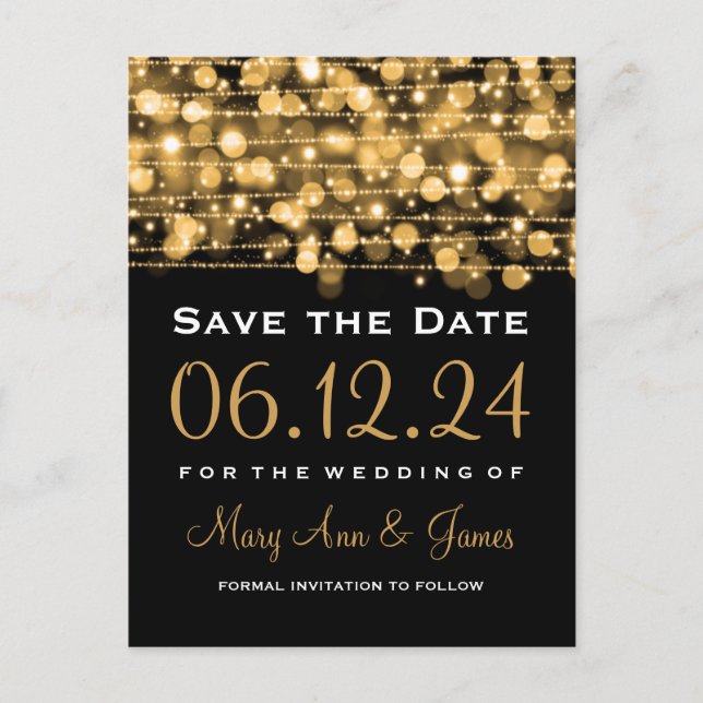 Elegant Save The Date Party Sparkles Gold Announcement Postcard (Front)