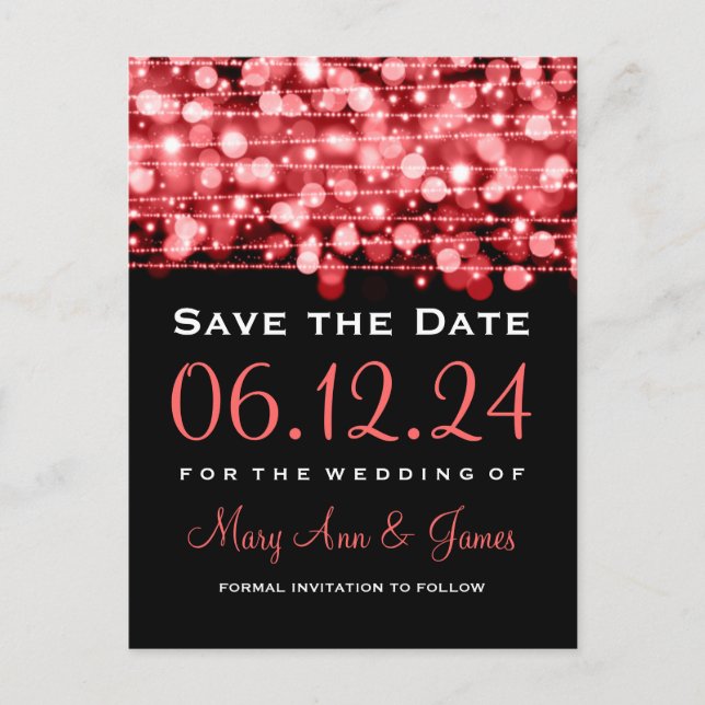 Elegant Save The Date Party Sparkles Red Announcement Postcard (Front)