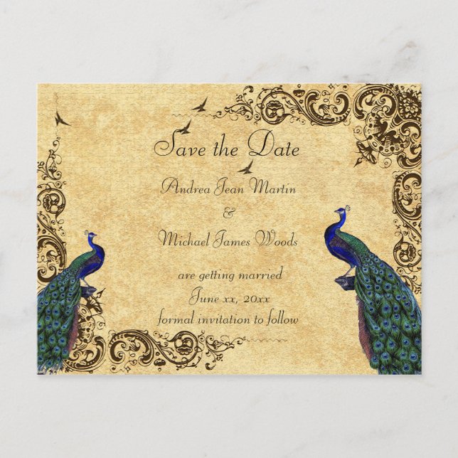 Elegant, Save the Date, Peacocks, Custom Announcement Postcard (Front)