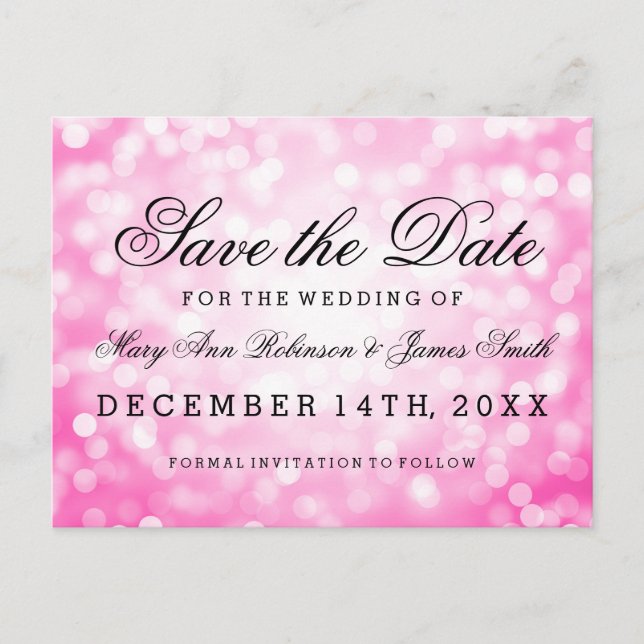 Elegant Save The Date Pink Glitter Lights Announcement Postcard (Front)