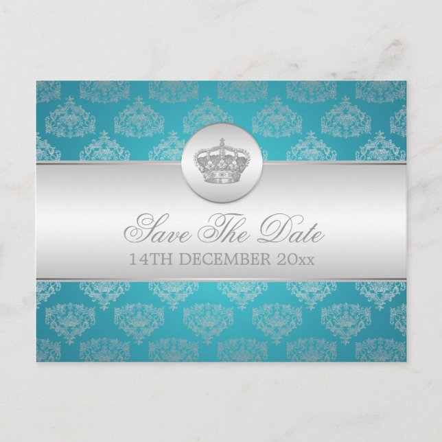 Elegant Save The Date Royal Crown Blue Announcement Postcard (Front)