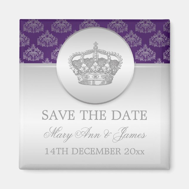 Elegant Save The Date Royal Crown Purple Magnet (Front)