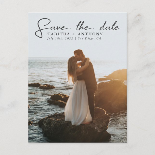 Elegant Save the Date Script with Photo Announcement Postcard (Front)