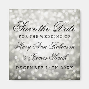 Elegant Save The Date Silver Glitter Lights Magnet