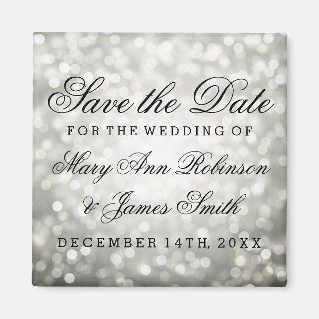 Elegant Save The Date Silver Glitter Lights Magnet (Front)