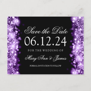 Elegant Save The Date Sparkling Lights Purple Announcement Postcard