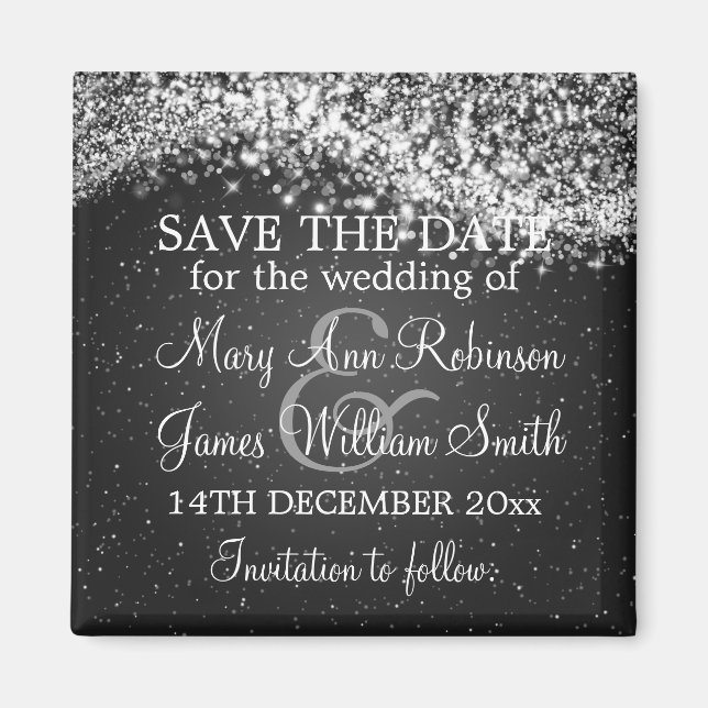 Elegant Save The Date Sparkling Wave Black Magnet (Front)