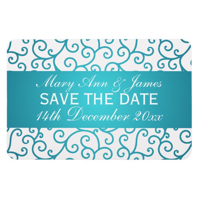 Elegant Save The Date Swirls Pattern Aqua Blue Magnet (Horizontal)