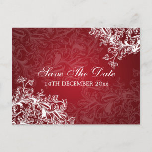 Elegant Save The Date Vintage Swirls Red Announcement Postcard