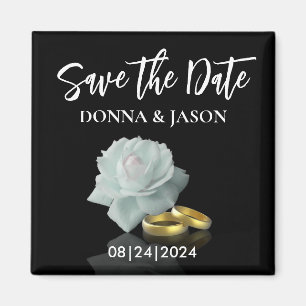 Elegant Save the Date White Rose Gold Rings Script Magnet