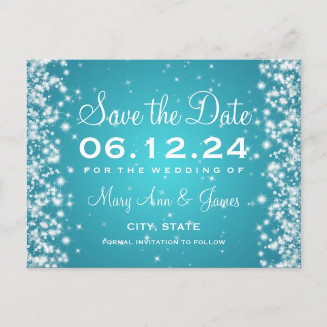 Elegant Save The Date Winter Sparkle Turquoise Announcement Postcard (Front)