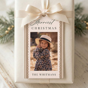 Elegant Scallop Lace Border Christmas Photo  Gift Tags