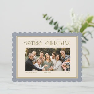Elegant Scalloped Blue Vintage Christmas Photo Card