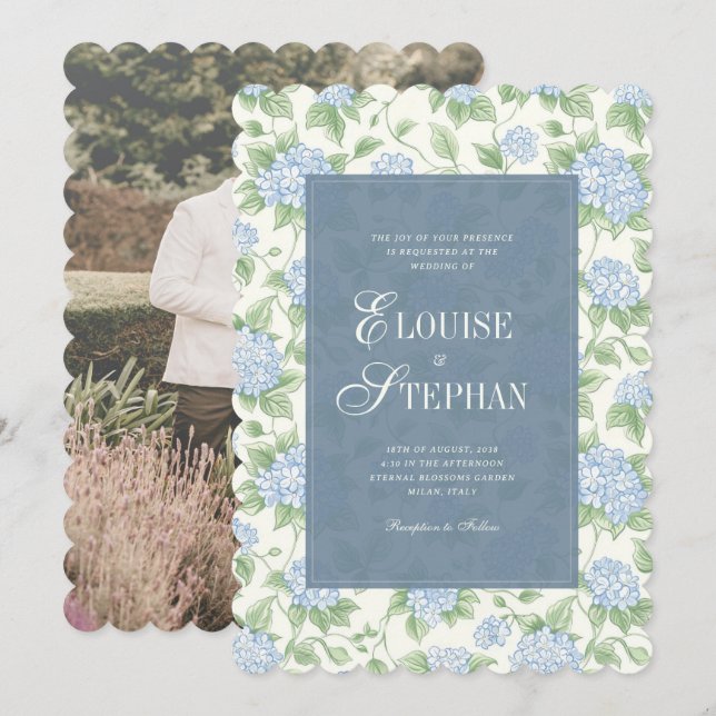 Elegant Scalloped Edge Blue Sage Hydrangea Wedding Invitation (Front/Back)