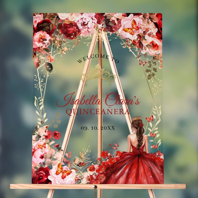 Elegant Scarlet Floral Gold Quinceañera Welcome Acrylic Sign (Neutral)