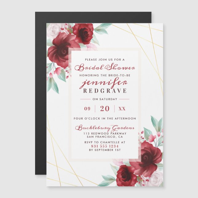 Elegant Scarlet Glam Blooms Floral Bridal Shower Magnetic Invitation (Front/Back)