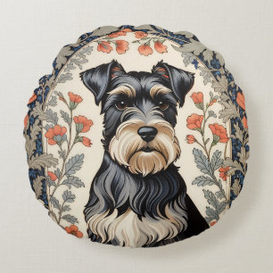 Elegant Schnauzer William Morris Inspired Floral Round Cushion