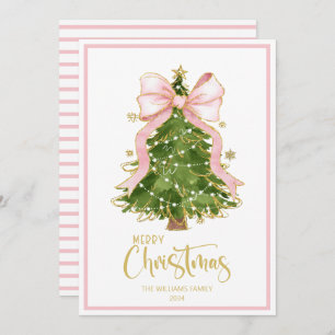 Elegant Scipt Christmas Tree Pink Bow Holiday Card