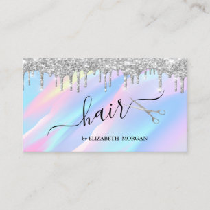 Elegant Scissors Silver Glitter Drips Holographic Business Card