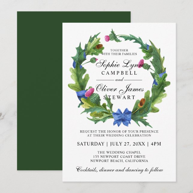 Elegant Scottish Thistle Floral Wedding Invitation (Front/Back)