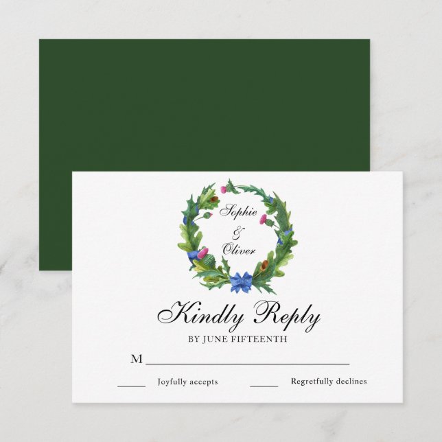 Elegant Scottish Thistle Floral Wedding RSVP Cards (Front/Back)