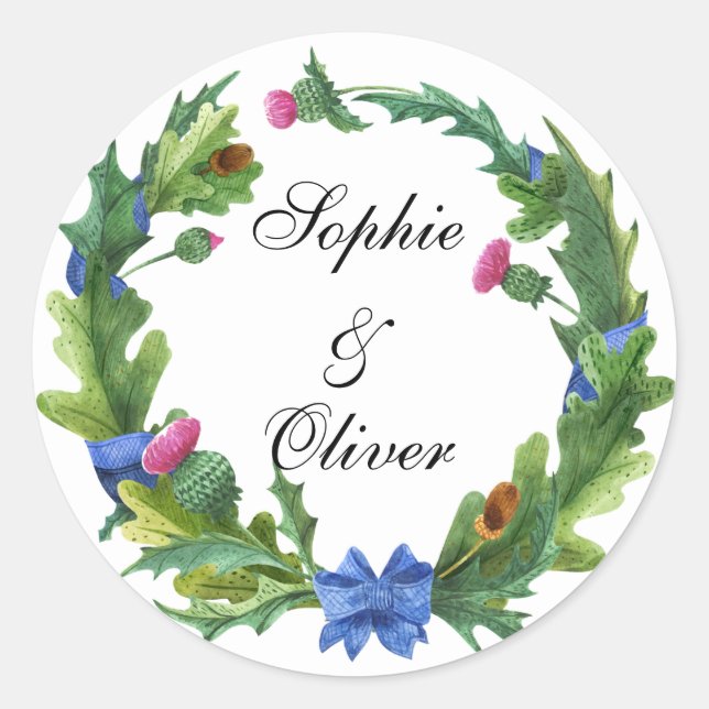 Elegant Scottish Thistle Flowers Floral Wreath Classic Round Sticker (Front)