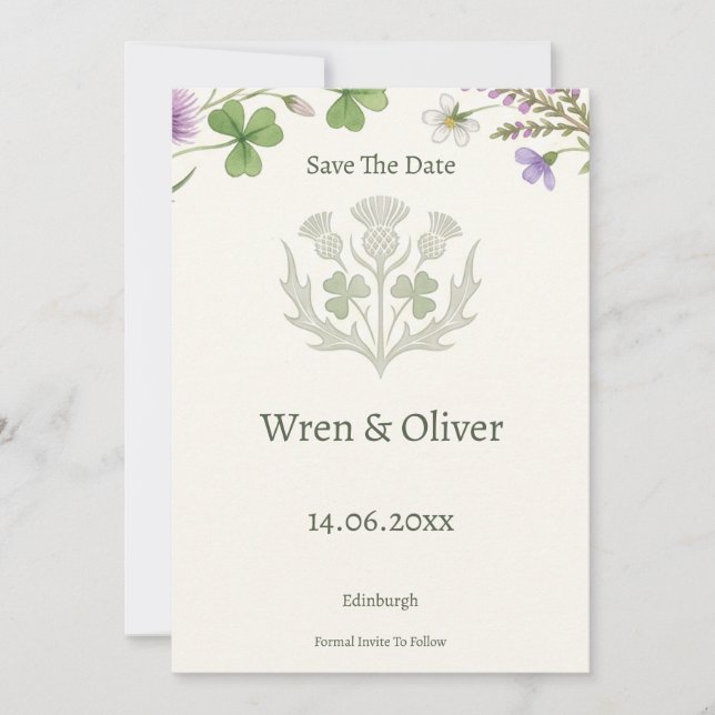 Elegant Scottish Thistle Shamrock Save the Date Ca (Front)
