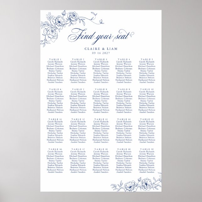 Elegant Scrip 20 Table Rose Wedding Seating Chart (Front)