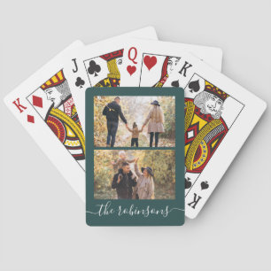 Elegant Script 2 Photo Green Collage Playing Cards