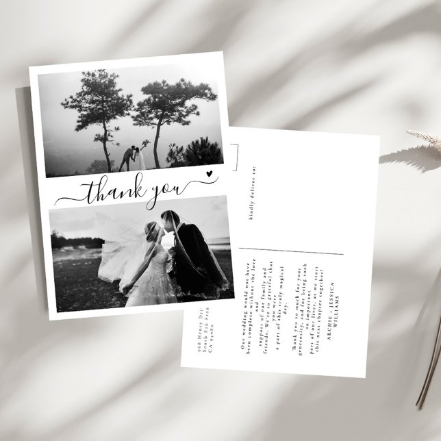 Elegant Script 2 Photo Minimal Wedding Thank You Postcard (Creator Uploaded)