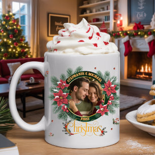 Elegant Script 2 photo Watercolor Christmas Wreath Coffee Mug