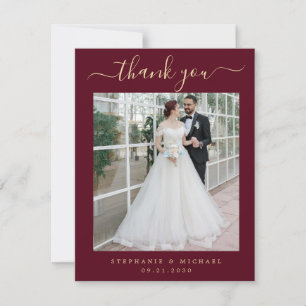 Elegant Script 2 Photo Wedding Burgundy Gold Thank You Card
