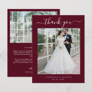 Elegant Script 2 Photo Wedding Burgundy Thank You Card