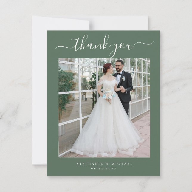 Elegant Script 2 Photo Wedding Sage Green Thank You Card (Front)