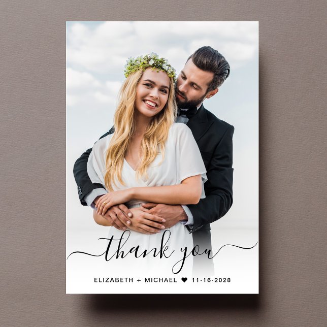 Elegant Script 2 Photo Wedding Thank You Card (Upload a photo reflecting the love and joy of your wedding day)