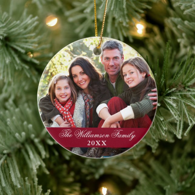 Elegant Script 2 Sided Photo Christmas Burgundy Ceramic Tree Decoration (Tree)