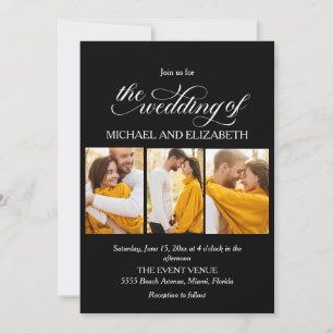 Elegant Script 3 Photo Black White Wedding  Invitation