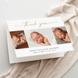 Elegant Script 3 Photo Collage Baby Thank You Card