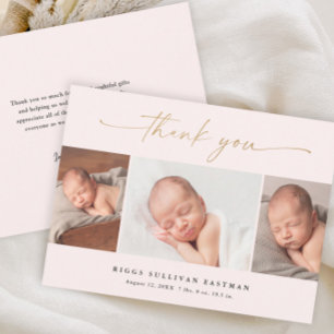 Elegant Script 3 Photo Collage Baby Thank You Card