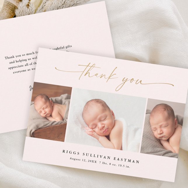 Elegant Script 3 Photo Collage Baby Thank You Card (Elegant blush pink and gold script 3 photo birth announcement baby thank you card.)