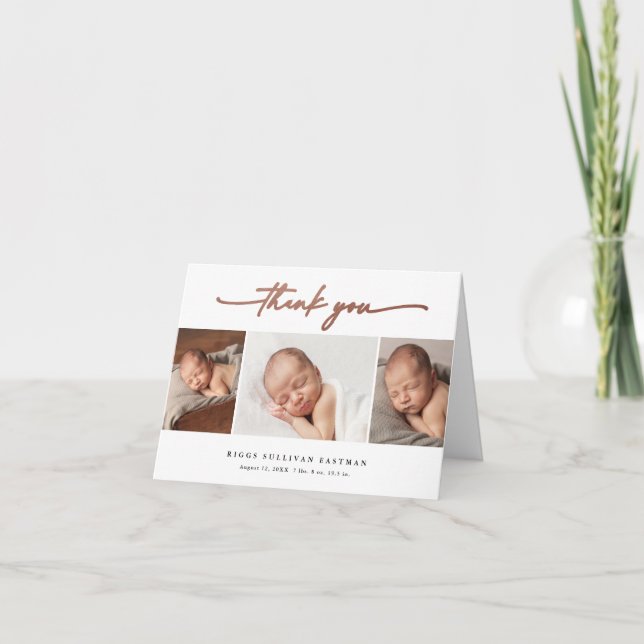 Elegant Script 3 Photo Collage Baby Thank You Card (Front)