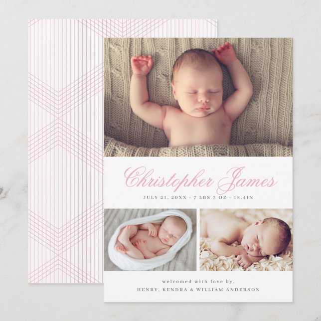 Elegant Script 3 Photo Collage Birth Announcement (Front/Back)