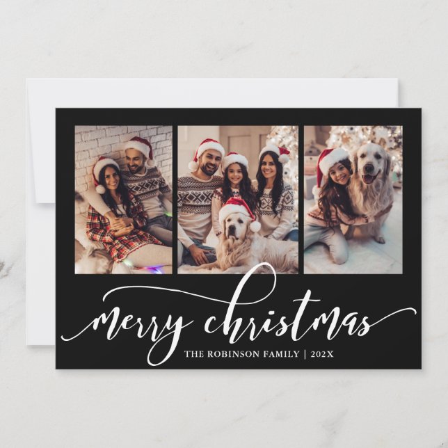 Elegant Script 3 Photo Collage Black Christmas  Holiday Card (Front)