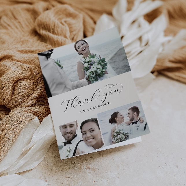 Elegant Script 3 Photo Collage Folded Wedding Thank You Card (Creator Uploaded)