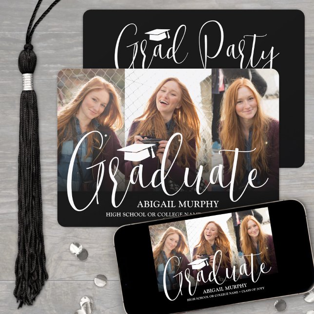 Elegant Script & 3 Photo Collage Graduation Party Invitation (Creator Uploaded)