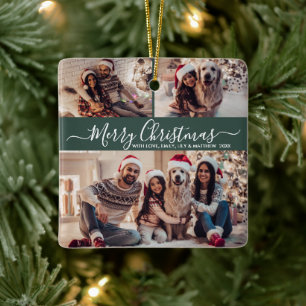 Elegant Script 3 Photo Collage Green Christmas  Ceramic Ornament