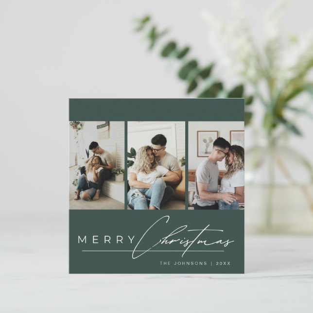 Elegant Script 3 Photo Collage Green Christmas Holiday Card (Standing Front)