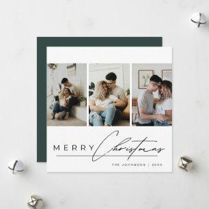 Elegant Script 3 Photo Collage Green Christmas Holiday Card