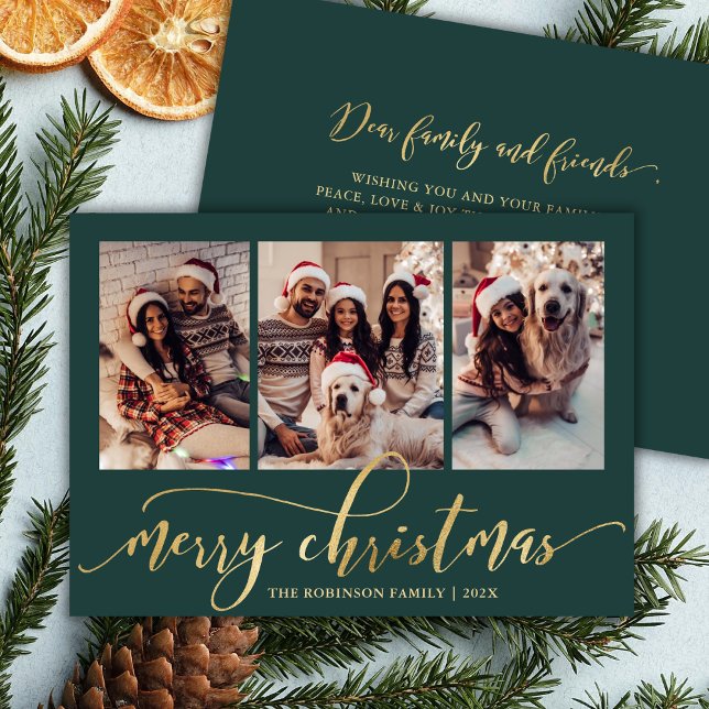 Elegant Script 3 Photo Collage Green Christmas Holiday Card (Creator Uploaded)